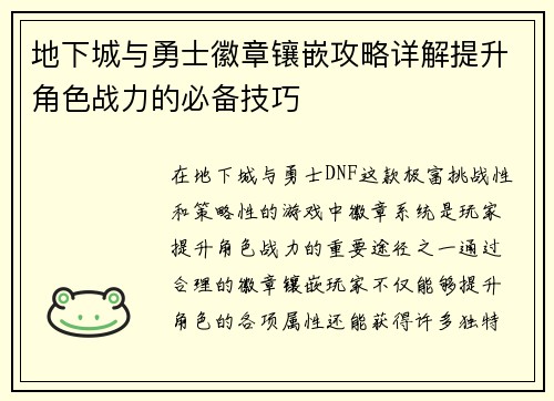 地下城与勇士徽章镶嵌攻略详解提升角色战力的必备技巧